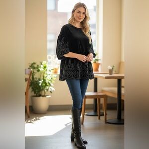 Savanna Jane Black Velvet Blouse with Gray Embroidery, S